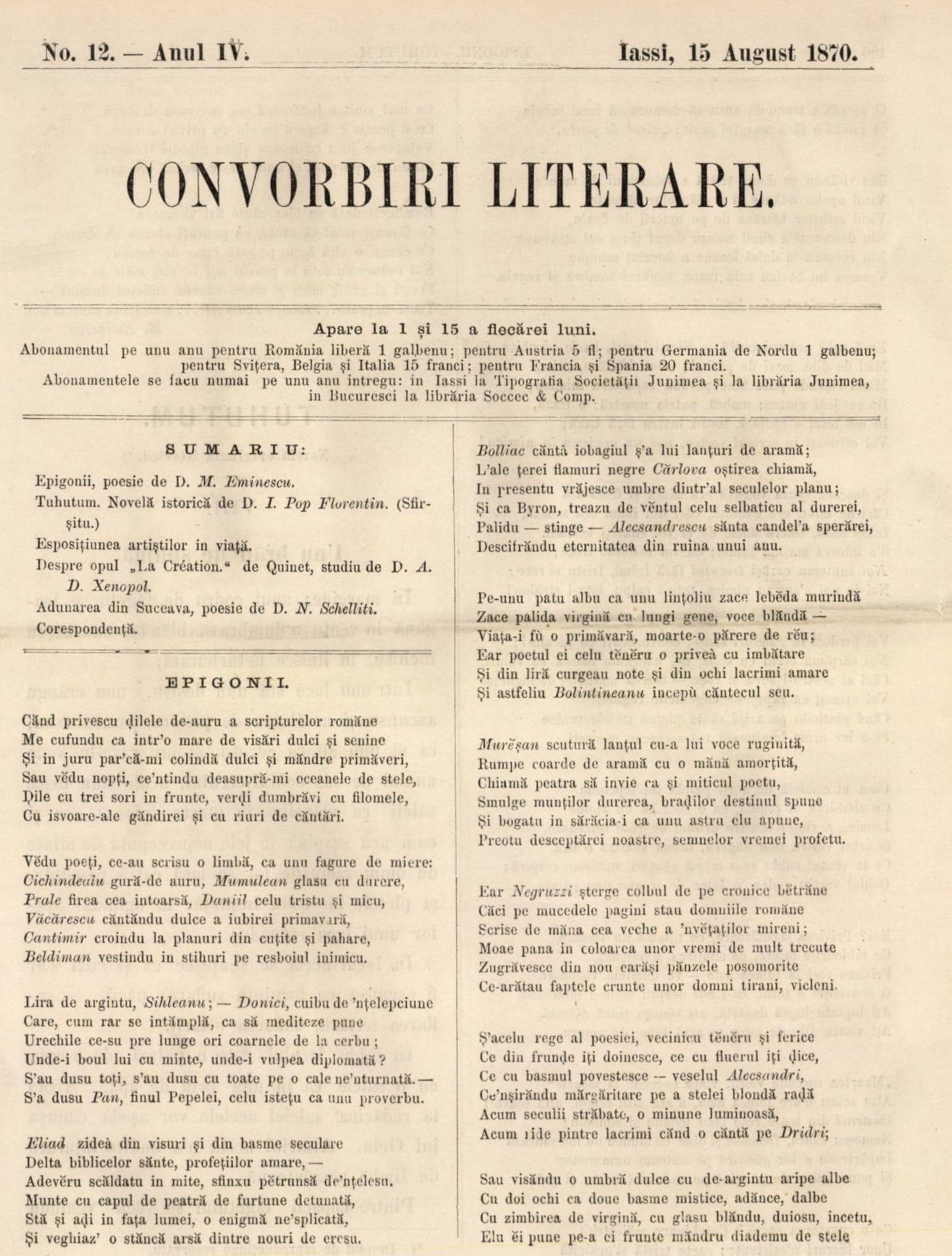 „Epigonii”, poezia scrisă de Eminescu la 20 de ani, a fost publicată pe prima pagină - Dosare secrete