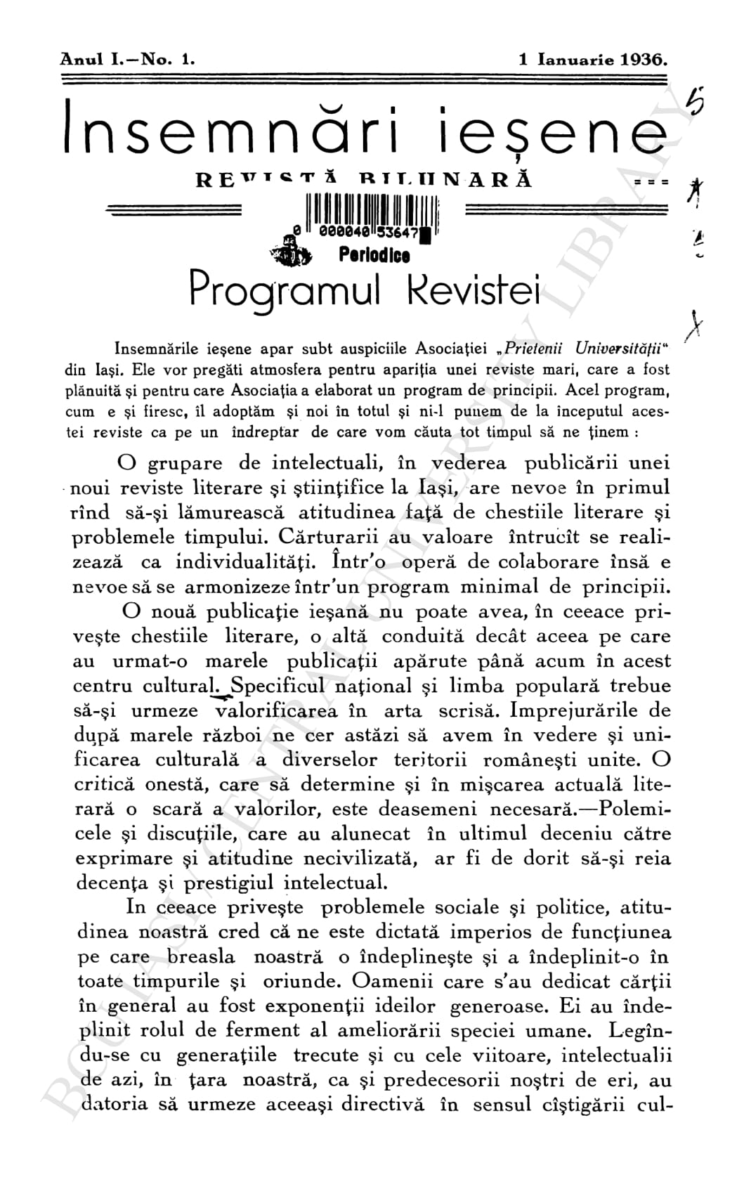 'Insemnari Iesene', Programul Revistei, Insemnari iesene, An.1, Nr.1, 1936, p.1-2-1